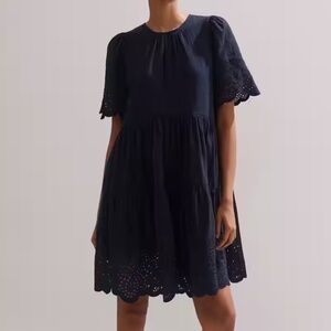 ME + EM Cheesecloth Broderie Short Belted Swing Dress in Navy Blue Size 6